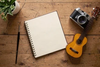 Bureau en bois avec carnet, pinceau, guitare et appareil photo