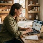 Femme qui compare des matériaux de bricolage sur un site en ligne depuis sa cuisine, entourée d'échantillons de peinture et d'un carnet de notes