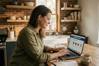 Femme qui compare des matériaux de bricolage sur un site en ligne depuis sa cuisine, entourée d'échantillons de peinture et d'un carnet de notes