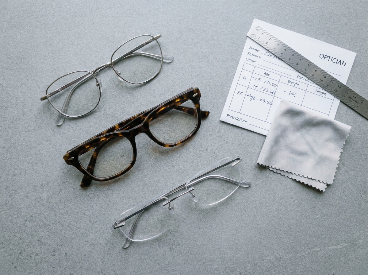 Comparaison de différents modèles de lunettes de vue posés sur une surface en pierre avec une ordonnance optique