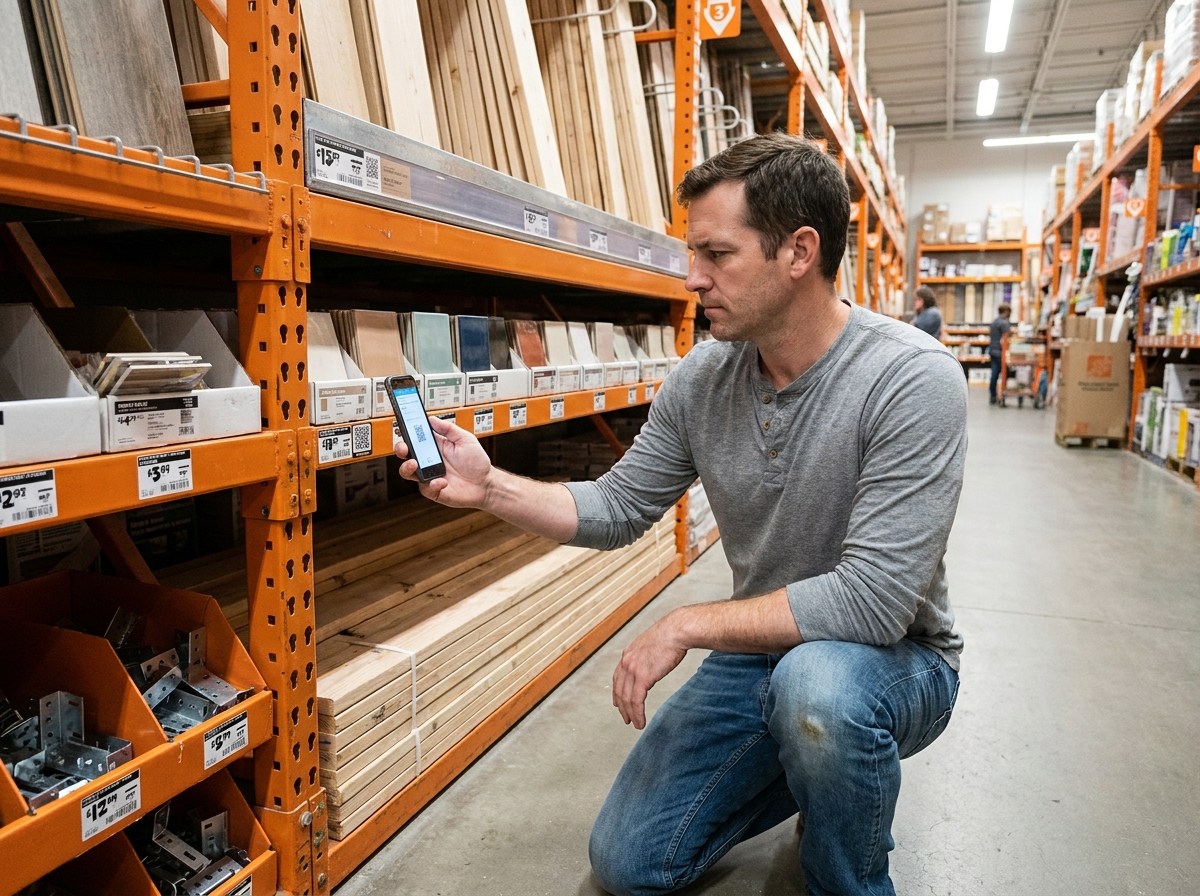 Homme comparant des matériaux de bricolage en magasin grâce à son smartphone, entouré de planches en bois et d'échantillons de carrelage