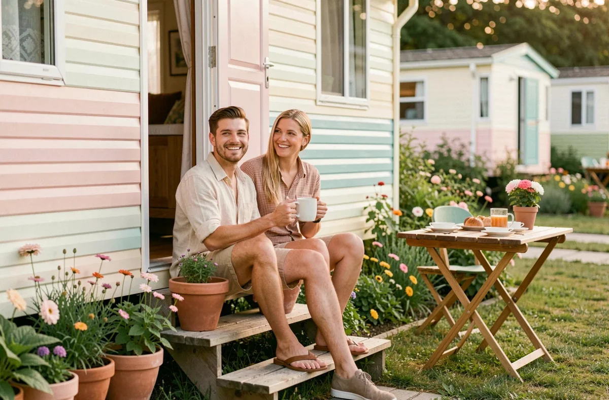 Couple profitant de vacances devant leur mobil-home coloré dans un camping familial, assis sur les marches avec des mugs et un jardin fleuri
