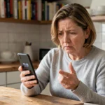 Femme d'une cinquantaine d'années regardant avec méfiance un appel entrant d'un numéro en 05 68 sur son smartphone dans une cuisine