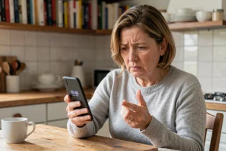 Femme d'une cinquantaine d'années regardant avec méfiance un appel entrant d'un numéro en 05 68 sur son smartphone dans une cuisine