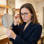 Femme essayant des lunettes de vue dans une boutique d'opticien moderne