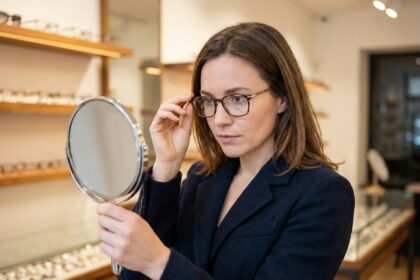 Femme essayant des lunettes de vue dans une boutique d'opticien moderne