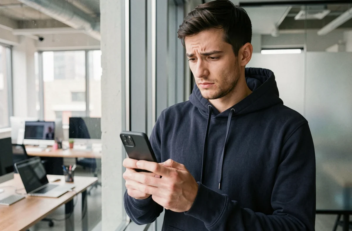 Jeune homme hésitant à décrocher un appel d'un numéro inconnu en 05 68 dans un espace de coworking moderne