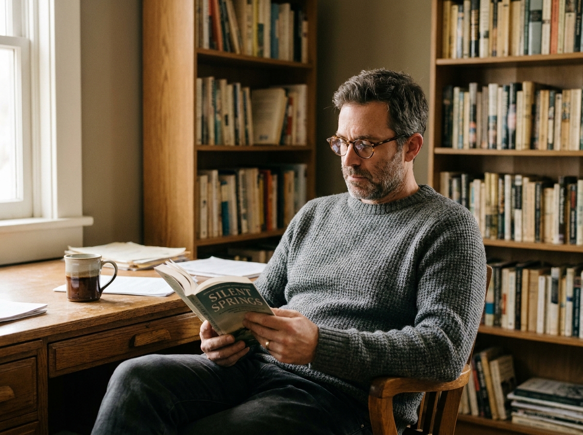 Homme portant des lunettes de vue rondes en écaille en lisant un livre à son bureau