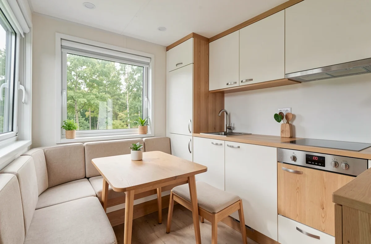Intérieur moderne et lumineux d'un mobil-home haut de gamme avec salon, cuisine équipée et vue sur la nature, décoré dans un style scandinave