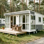 Mobil-home moderne blanc et gris installé dans un camping verdoyant entouré de pins, avec terrasse en bois et grandes fenêtres panoramiques
