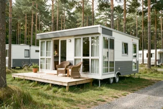 Mobil-home moderne blanc et gris installé dans un camping verdoyant entouré de pins, avec terrasse en bois et grandes fenêtres panoramiques