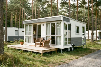 Mobil-home moderne blanc et gris installé dans un camping verdoyant entouré de pins, avec terrasse en bois et grandes fenêtres panoramiques