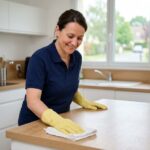 Femme de ménage professionnelle en uniforme nettoyant un plan de travail dans une cuisine moderne d'un appartement en France