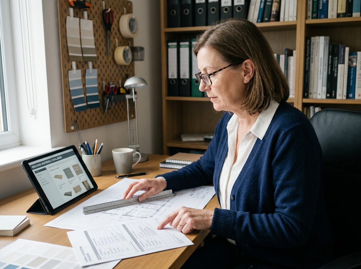 Femme senior consultant un catalogue de matériaux de bricolage en ligne sur tablette depuis son bureau à domicile, avec des fiches techniques imprimées et un plan au sol
