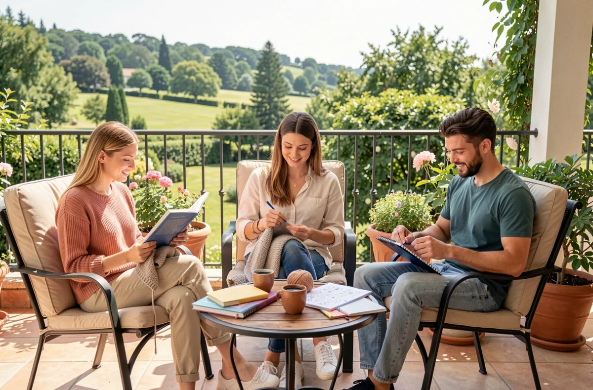 Trois amis sur une terrasse occupés à lire, tricoter et faire des mots croisés